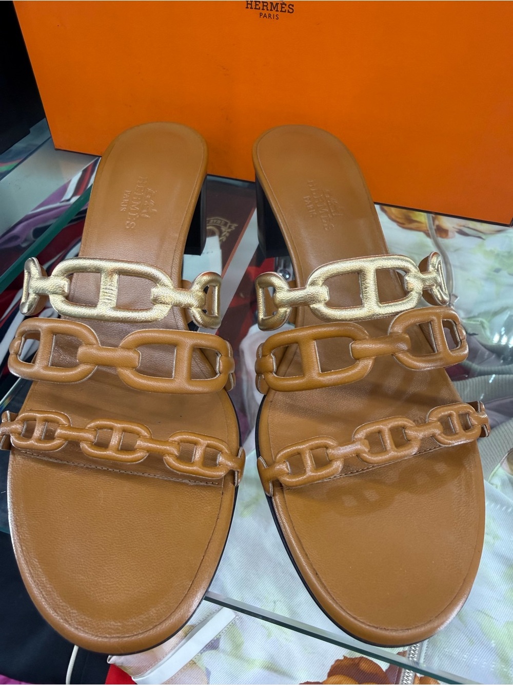 Hermes Tan Leather Chain-Link Slide Heels - Picture 5 of 12